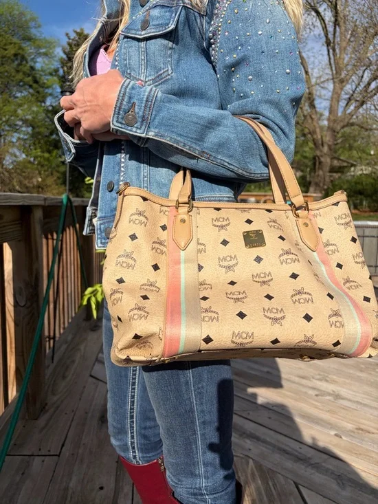 MCM Beige/Pale Pink Monogram Canvas Tote with Striped Trim - Picture 3 of 12